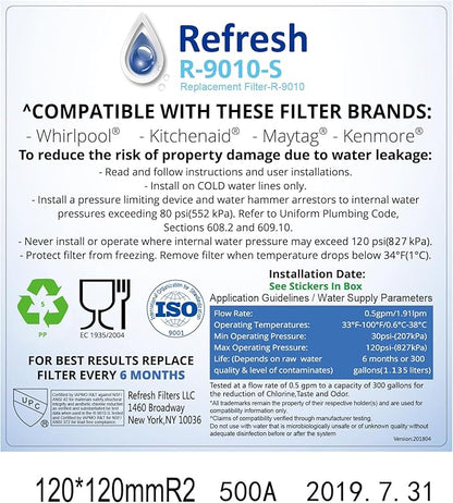 Refresh R-9010 Refrigerator Water Filter, Compatible with Kenmore 46-9010, 469010, 9010, 46-9085, AquacrestAQF-4396508, Aquafresh WF285 and IcePure RFC05000A (1)