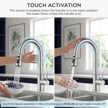 FORIOUS Touch Activated Kitchen Faucets Pull Down Sprayer, Brushed Nickel | High Arc Kitchen Sink Faucet with Deck Plate, Stainless Steel, Single Hole, Single Handle, Fit for RV Bar Farmhouse Laundry