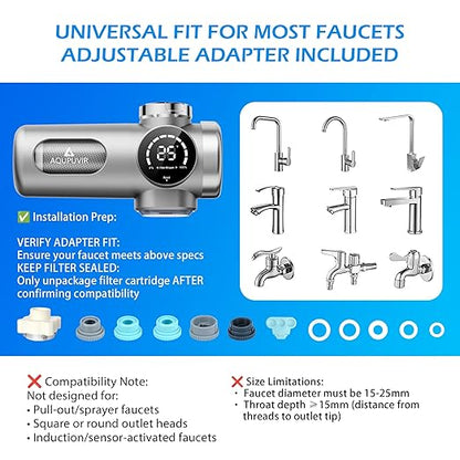 Faucet Water Filter, 3-Stage Filter with UV-C & Self-Powered Display, Dual Modes for Tap/Filtered Water, Safe for Food & Skin Fits 22/24/28mm and Circular Tap