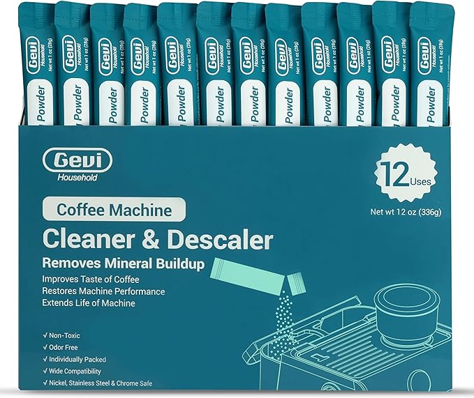 Gevi Coffee Maker Cleaner, Espresso Machine Cleaning Powder - 12 Use & Individually Packed for Each Use | Organic Citric Acid Cleaner Compatible with All Major Brands