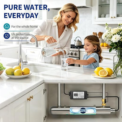 Whole House UV Water Filter System 55W 120V, 12GPM High Flow Whole Home Water Purifier with 1” MNPT Ports Equipped with Intelligent Water Flow Switch, +1 Extra Bulb
