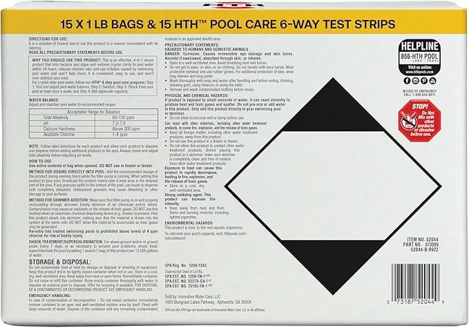 HTH 52046 Pool Care Shock Advanced, Swimming Pool Chemical - Cal Hypo Formula, Prevents Bacteria & Algae, Restores Crystal Clear Water - Shock Treatment, 1lb (15 Pack) + 15 HTH Pool Care Test Strips