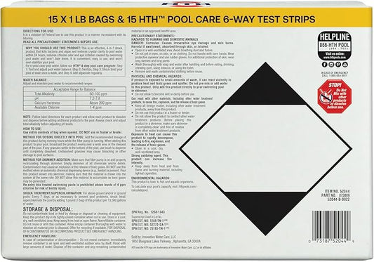 HTH 52046 Pool Care Shock Advanced, Swimming Pool Chemical - Cal Hypo Formula, Prevents Bacteria & Algae, Restores Crystal Clear Water - Shock Treatment, 1lb (15 Pack) + 15 HTH Pool Care Test Strips