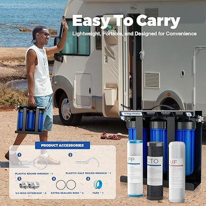 RV Water Filter System,5-Stage Water Filtration for Rvs and Campers, 0.01 Micron Filters Out Sediments, Chlorine, Vocs, Heavy Metals, Odors for Travel Trailers, Boats, 1" Inlet/Outlet
