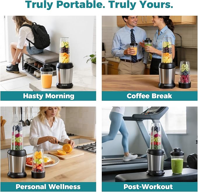 DUMOS Smoothie Blender for Kitchen, Blenders for Smoothies with 17 24 34 oz BPA-Free Portable Easy Go Cups, Small Personal Blender for Shakes, Sauces, Juice and Ice Crushing & More, Silver