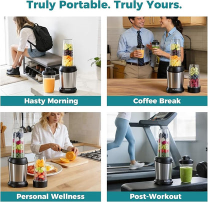 DUMOS Smoothie Blender for Kitchen, Blenders for Smoothies with 17 24 34 oz BPA-Free Portable Easy Go Cups, Small Personal Blender for Shakes, Sauces, Juice and Ice Crushing & More, Silver