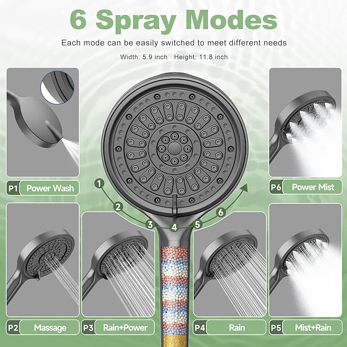 Filtered Shower Head, 6 Inch High Pressure Handheld Shower Filter Head for Hard Water, 6 Spray Modes Water Softener Showerhead with Hose and Shower Arm Bracket, Dark Grey