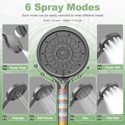 Filtered Shower Head, 6 Inch High Pressure Handheld Shower Filter Head for Hard Water, 6 Spray Modes Water Softener Showerhead with Hose and Shower Arm Bracket, Dark Grey
