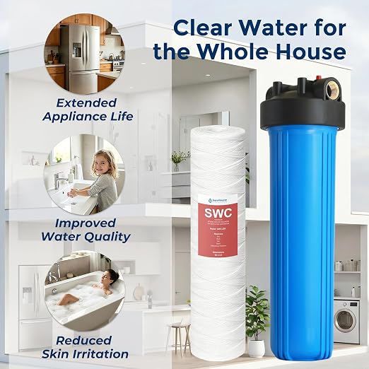 WH-20HD Whole House Water Filter Housing, Fit 20"x4.5" Sediment Filters for Well and City Water, Big Filter Blue Pre-Filtration System for Home, 1" NPT Port, Pressure Release