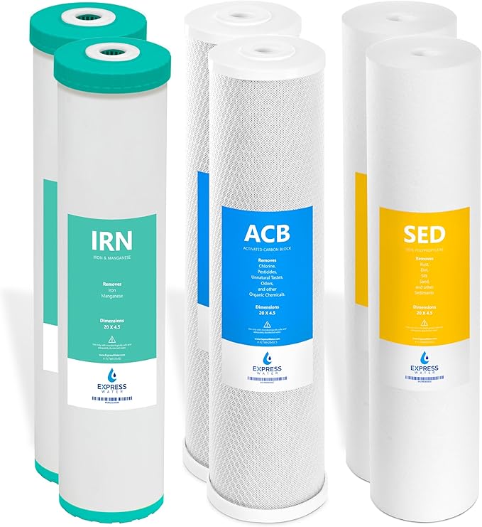 Express Water Whole House Iron & Manganese Water Filter Set – 3 Stage Water Filtration Replacement Kit – Sediment, Carbon Block, Iron & Manganese Reducing Filters – 5 Micron Water Filter 4.5 x 20 inch