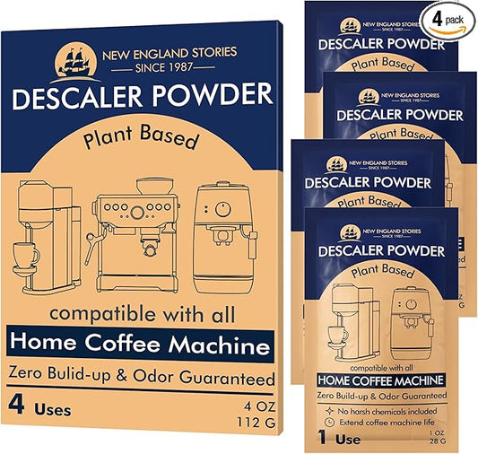 Descaling Powder Solution (4 Uses) Removes Scale and Build-Up, Automatic Coffee Pots & Makers & Espresso Machines Descaler, Compatible with Keurig Breville Nespresso Delonghi Ninja