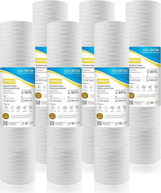PPW20 5 Micron 2.5" x 20" String Wound Sediment Filter Set – Replacement Cartridges for Whole House & Under Sink Systems, Durable Depth Filtration (6, 20 x 2.5)