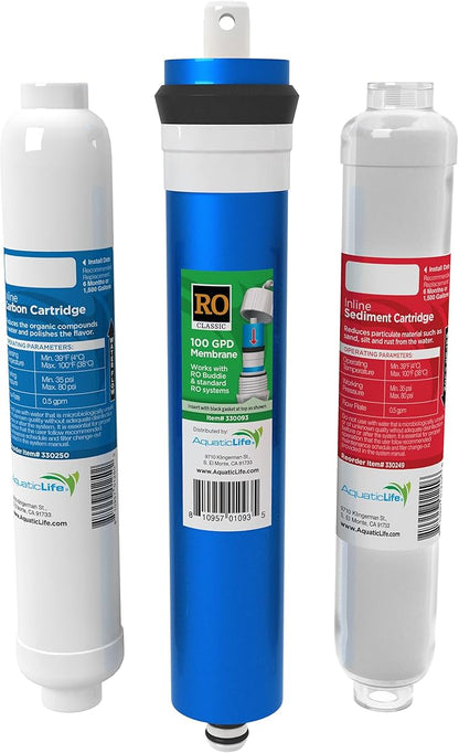 Aquatic Life RO Buddie Reverse Osmosis Replacement Filter Set - Inline Carbon Block Filter, Sediment Cartridge and 100 GPD Membrane for RO/RODI Water Filter System Units