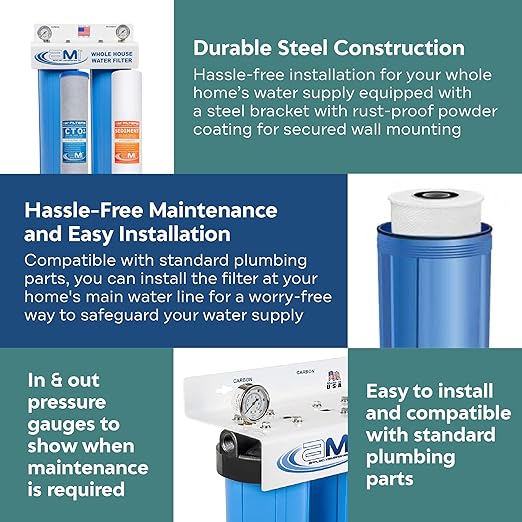 APPLIED MEMBRANES INC 2-Stage Whole-House Water Filter System with 4.5x20-Inch Sediment and Carbon-Block Filters, Removes Sediment, Chlorine, Chloramine, Chemicals, Taste, and Odor