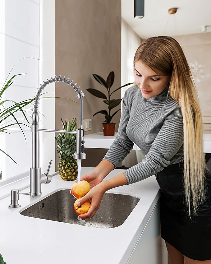 Brushed Nickel Kitchen Sink Faucet: Stainless Steel Kitchen Faucets with Soap Dispenser - 3-Function Single Handle Kitchen Faucets with Pull Down Sprayer for Farmhouse RV Laundry