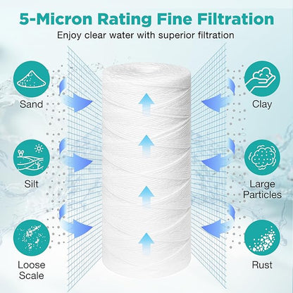 SimPure 5 Micron 10" x 4.5" String Wound Sediment Water Filter Cartridge for Well Water, Whole House Replacement Filter for Housing DB10P DB10C (10 Pack)