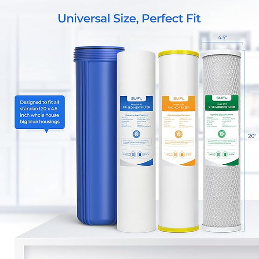 4.5 * 20” 3 Stage Whole House Water Filter Set, Compatible with SimPure DB20P-3, iSpring WGB32B-KS, F3WGB32BKS, HQUA WF3-01, Express Water FLTWH2045CGS1, Pack with PP, GAC and CTO Filter, 1 Set