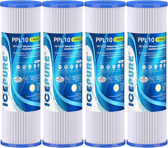 10" x 2.5" Pleated Sediment Water Filter Cartridge Replacement Any 10 inch RO Unit, Compatible with R50, Dupont WFPFC3002, Whirlpool WHKF-WHPL, GE FXWPC, Hydronix SPC-25-1050, FM-50-975 4PACK