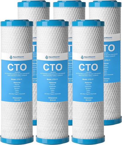 1 Micron 10" x 2.5" Whole House CTO Carbon Sediment Water Filter Cartridge, Compatible with DuPont WFPFC8002, GE FXWTC, Culligan D-10A, Pentek CBC-10 & More, 6-Pack