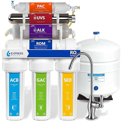 Express Water Reverse Osmosis Alkaline Ultraviolet Water Filtration System – 100 GPD (Deluxe Chrome Faucet) 15"L x 5"W x 17"H