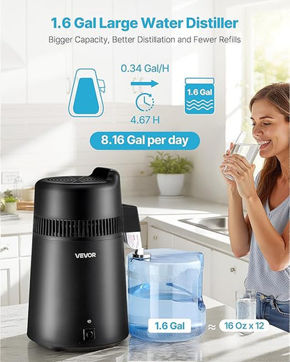 VEVOR Water Distiller, 6L / 1.6 Gallon Countertop Water Distiller for Home, 900W Distilled Water Maker with BPA-Free Plastic Container, 304 Stainless Steel Interior, Distilling for Drinking Water