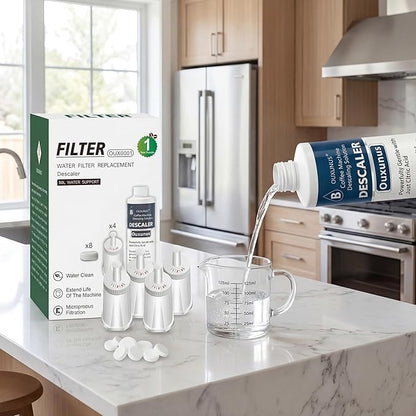 4-Pack Water Filter & 16.9 fl oz Descaler Kit, Compatible with Breville Barista Touch BES880, Barista Pro BES878, Oracle BES980 & More Espresso Machines, 4-Use Descaling Solution (4)