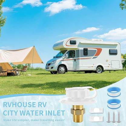 RV City Water Inlet, 3/4 NH to 1/2 NPT, White | Brass check valve with 3 in flange, dust cap and 3/4 NH to 1/2 NPT threads for RV, camper, trailer and marine use.