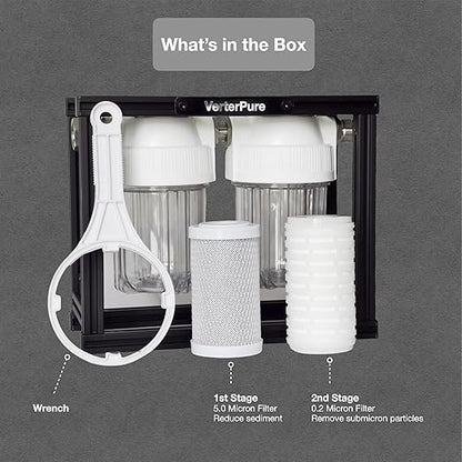 S2 Mini External 2-Stage RV Fresh Water Filter System, Compact, 5 Inch Filters, 3/4" GHT Stainless Steel Fittings, Reduce Sediment, Chlorine, Odor, All Aluminium Free-Standing Chassis, Clear