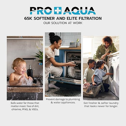 PRO+AQUA PRO-E-S65E Elite Whole House Water Filtration System with 65,000 Grain Water Softening – High-Capacity Filtration + Softening for 6–8 People, Well or City Water