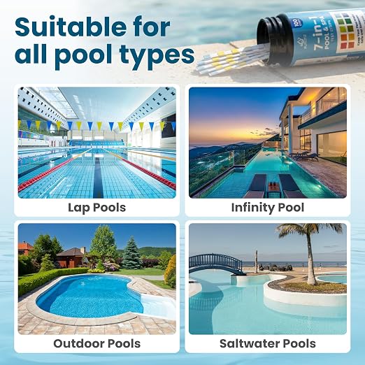 Pool & Spa Test Strips 7-in-1, 100 Strips for Pools, Hot Tubs & Saltwater Spas – Accurately Tests pH, Free & Total Chlorine, Bromine, Alkalinity, Hardness & Cyanuric Acid – Easy, 30-Second Results