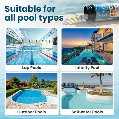 Pool & Spa Test Strips 7-in-1, 100 Strips for Pools, Hot Tubs & Saltwater Spas – Accurately Tests pH, Free & Total Chlorine, Bromine, Alkalinity, Hardness & Cyanuric Acid – Easy, 30-Second Results