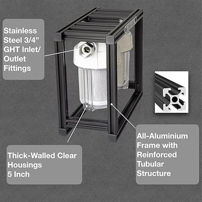 S2 Mini External 2-Stage RV Fresh Water Filter System, Compact, 5 Inch Filters, 3/4" GHT Stainless Steel Fittings, Reduce Sediment, Chlorine, Odor, All Aluminium Free-Standing Chassis, Clear