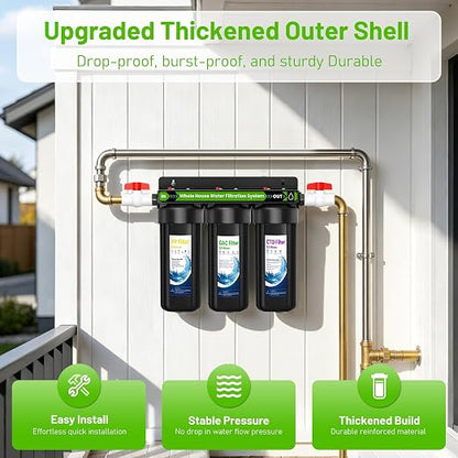 Whole House Water Filter System, 3 Stage Home Water Filter System for Well Water City Water, Includes 3 Sets Filters (2 Years use), 3/4” Port, Reduces Chlorine,Taste, Sediment for Cleaner Water