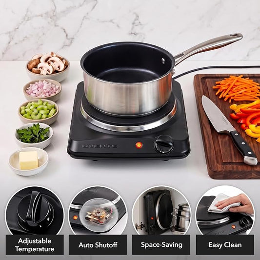 OVENTE Electric Cast Iron Single Burner, 1000W Hot Plate, Black BGS101B | 7.25" Portable Countertop Cooktop, Metal Housing, 5 Level Temperature Control, Compact Cooking Stove, Easy to Clean