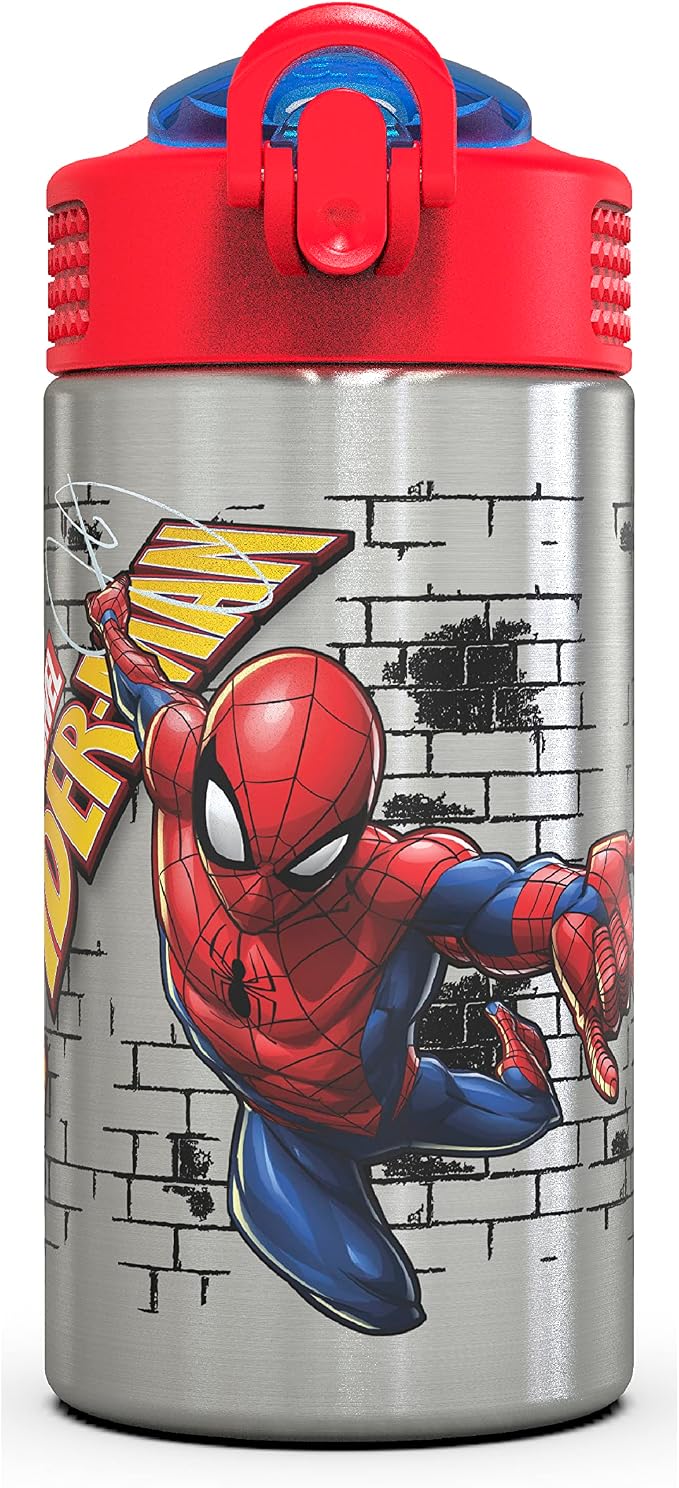 Zak Designs Stainless Steel One Hand Operation Lid and Built-in Carrying Loop Water Bottle with Straw Spout is Perfect for Kids (15.5 oz, BPA Free), 1 Count (Pack of 1), Marvel Comics Spider-Man