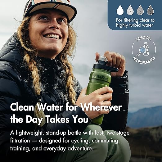Katadyn BeFree AC Bottle 0.7L Water Filter Bottle for Travel & Daily Use | 2-Stage Filter Removes Bacteria & Microplastics, Improves Taste, BPA-Free, Fits Cup Holders - Moss Green