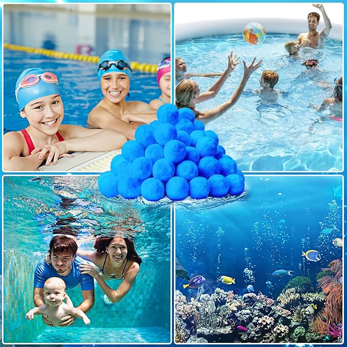 QwayHome 1.54 lbs Pool Filter Balls, Reusable Filter Media Balls for Swimming Pool Sand Pump, Efficient Eco-Friendly Fiber Filter Balls, Pool Filter Sand Alternative, Equals 55 lb Filter Sand,Blue