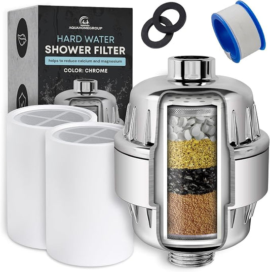 AquaHomeGroup Shower Head Filter (1 Cartridges Included) – High-Pressure Shower Filter for Particle Build up & Residue Reduction – 5 Stage Filtration with Resin, Carbon & KDF – Universal Fit