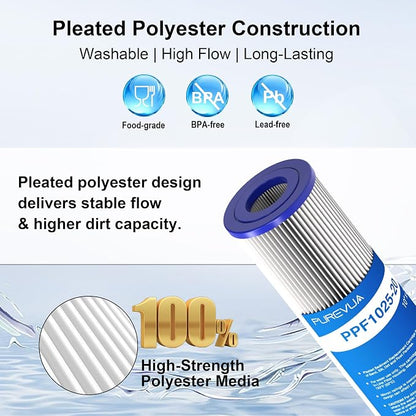 6-Pack 20 Micron Pleated Water Filter Cartridge, 10" x 2.5" Washable & Reusable PET Sediment Filter for Well Water & Whole House Pre-Filter, Compatible with WFPFC3002, WHKF-WHPL, AO-WH-PRE-RP2