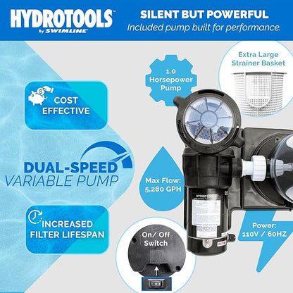 SWIMLINE HYDROTOOLS Pool Cartridge Filter Pump System For Above Ground & Inground Pool | 120 SQ FT Cleaner| VARIABLE DUAL 2-SPEED 1 HP 5280 GPH | Pools Up To 33500 Gallon | Silver Ion Element & Timer
