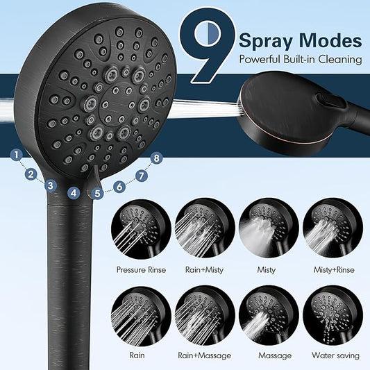 BRIGHT SHOWERS Filtered Shower Head with Handheld, High Pressure 9 Spray Mode Showerhead with Long Hose and Bracket, Water Softener Filters Beads for Hard Water - Removes Chlorine, Oil-Rubbed Bronze