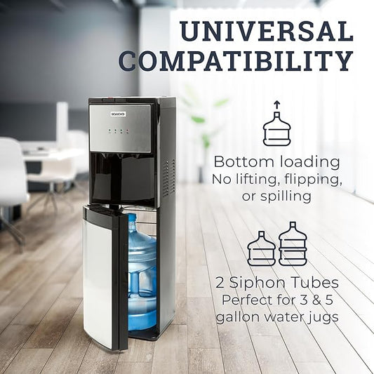 Igloo Bottom-Loading Water Dispenser – Water Cooler Dispenser with Hot, Cold & Temperature Settings- Electric Water Dispenser Fits 3- & 5-Gallon Jugs with Child Safety Lock Office Use– Black Stainless