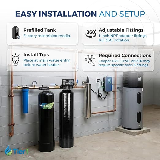 Tier1 32,000 Grain Water Softener & Chlorine Reduction Filter | Whole House 3-in-1 with Carbon Reduction & Sediment Pre-Filter | Ideal for 1–2 Bathroom Homes | Metered Valve Control