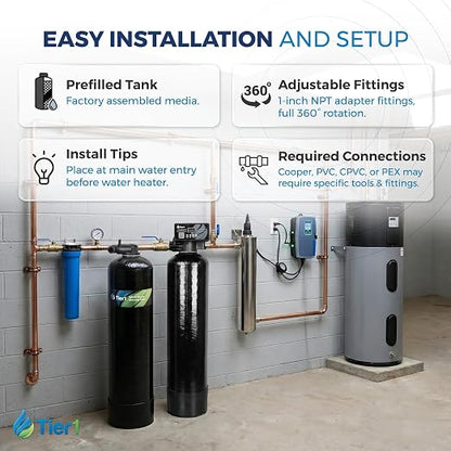 Tier1 32,000 Grain Water Softener & Chlorine Reduction Filter | Whole House 3-in-1 with Carbon Reduction & Sediment Pre-Filter | Ideal for 1–2 Bathroom Homes | Metered Valve Control
