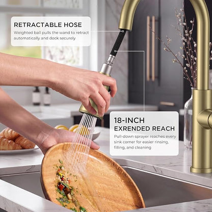FORIOUS Kitchen Faucet with Pull Down Sprayer, High Arc Single Handle, Gold | Stainless Steel Single Lever Kitchen Sink Faucet 1 or 3 Hole, Suitable for Farmhouse, Camper, Laundry Room, Rv, Outdoor