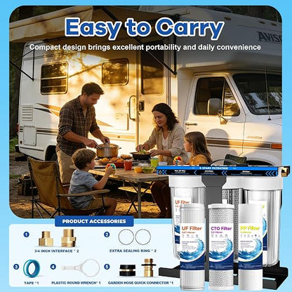 RV Water Filter System,5-Stage RV Water Filter System for Rvs and Campers, 1" Inlet/Outlet, 0.01 Micron Filtration Reduces Sediments, Chlorine, VOCs, Heavy Metals & Odors, Travel Trailers, Boats