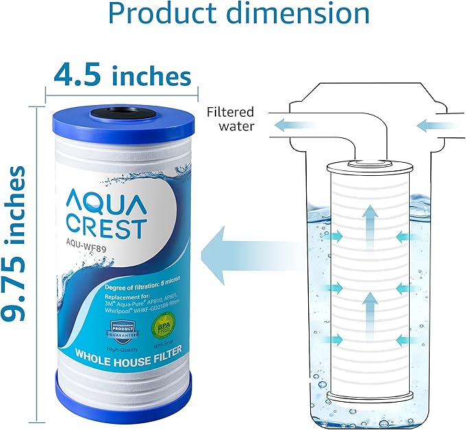 AQUA CREST AP810 Whole House Water Filter Replacement for 3M® Aqua-Pure AP810, AP801, AP811, Whirlpool® WHKF-GD25BB, WHKF-DWHBB, 5 Micron, 10" x 4.5", Well & Tap Water Filter, Pack of 1