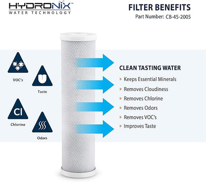 Hydronix CB-45-2005/3 Universal 4.5" x 20” Whole House Water Filter Replacement Cartridge, Commercial & Industrial NSF, Coconut Shell Activated Carbon Block CTO, 5 Micron (3 Pack)