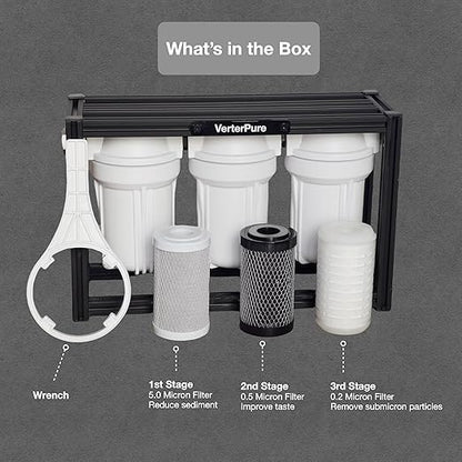 S3 Mini External 3-Stage RV Fresh Water Filter System, Compact, 5 Inch Filters, 3/4" GHT Stainless Steel Fittings, Reduce Sediment, Chlorine, Odor, All Aluminium Free-Standing Chassis, Black