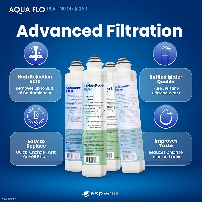 Genuine Aqua Flo Platinum QCRO RO Filter Kit with 50 GPD Membrane and Cartridges | 4-Stage Filtration, Easy Install, Contaminant Reduction, Improved Taste, Cost-Effective Water Solution | Genuine 4-stage replacement set: 50 GPD membrane plus 3 cartridg...